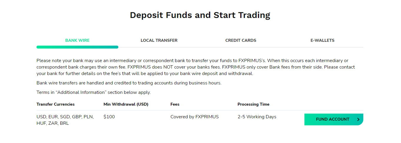 FXPRIMUS Deposits and Withdrawals
